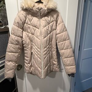 ZeroXposur Women's Beige Puffer Jacket with Faux Fur Hood